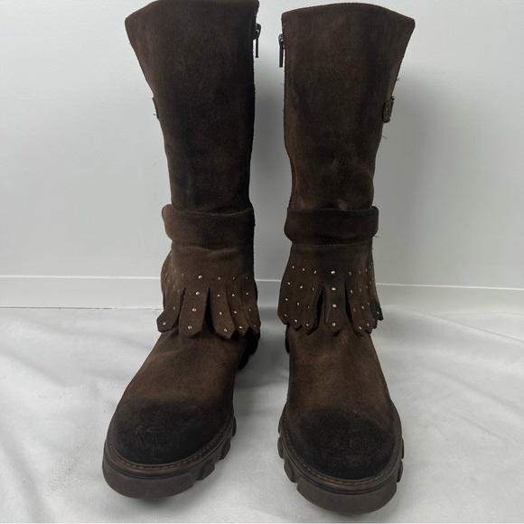 Manas Brown Suede Studded Biker Boots With Fringe Women’s EU 40/ US 9.5 - Picture 7 of 10